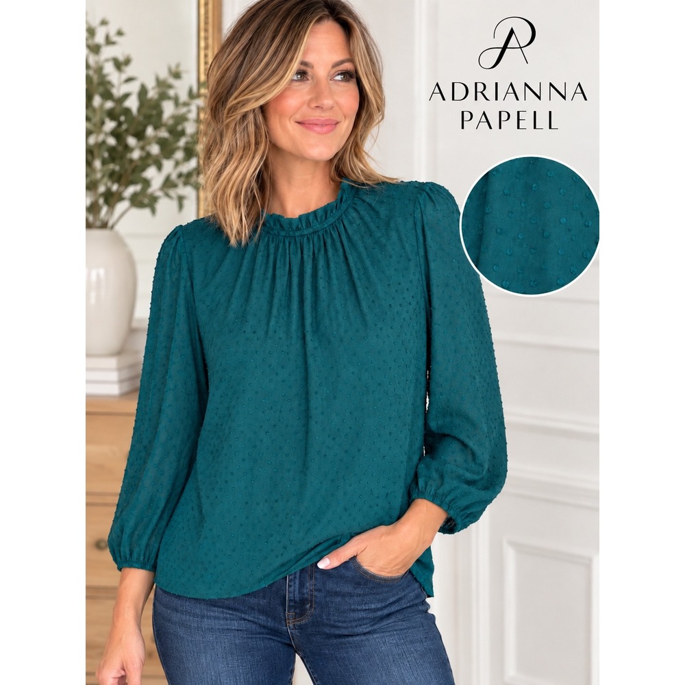 Adrienne Papell Evergreen Ruffle Neck Blouse Long Sleeve Swiss Dot Size L NWT